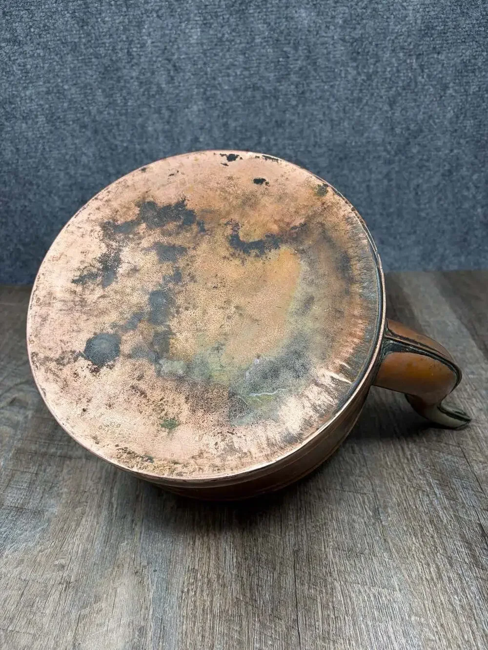 Antique Rome Copper and Nickel Plated Tea Kettle with Green Knob and Wood Handle